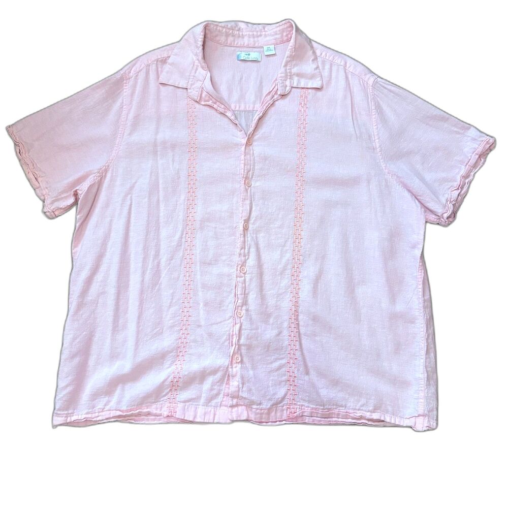 Café Luna Pink Linen Blend Embroidered Guayabera Style‎ Shirt Men's Size 2XL
